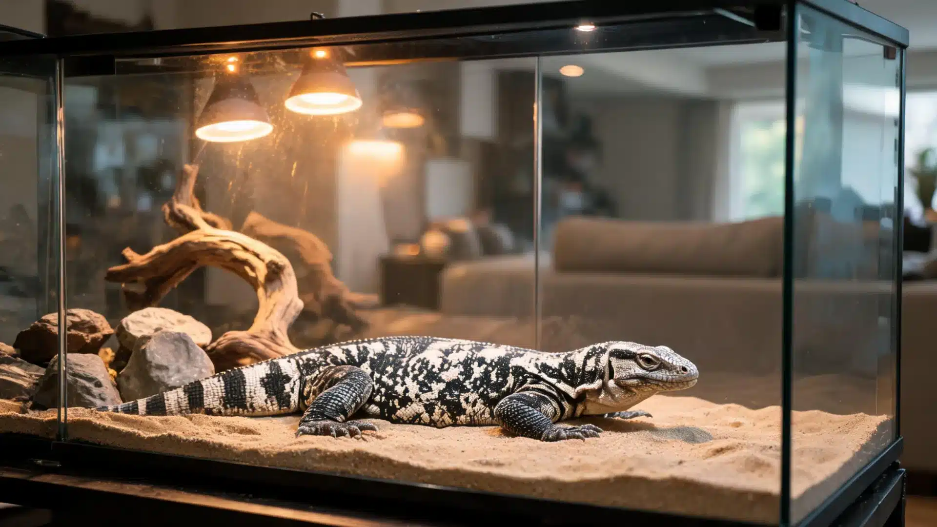 Argentine black and white tegu resting inside a spacious glass terrarium with heat lamps and sand bedding