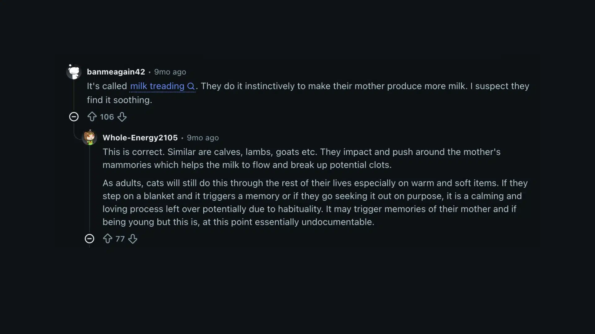 A screenshot of a Reddit comment thread discussing why cats and other animals engage in