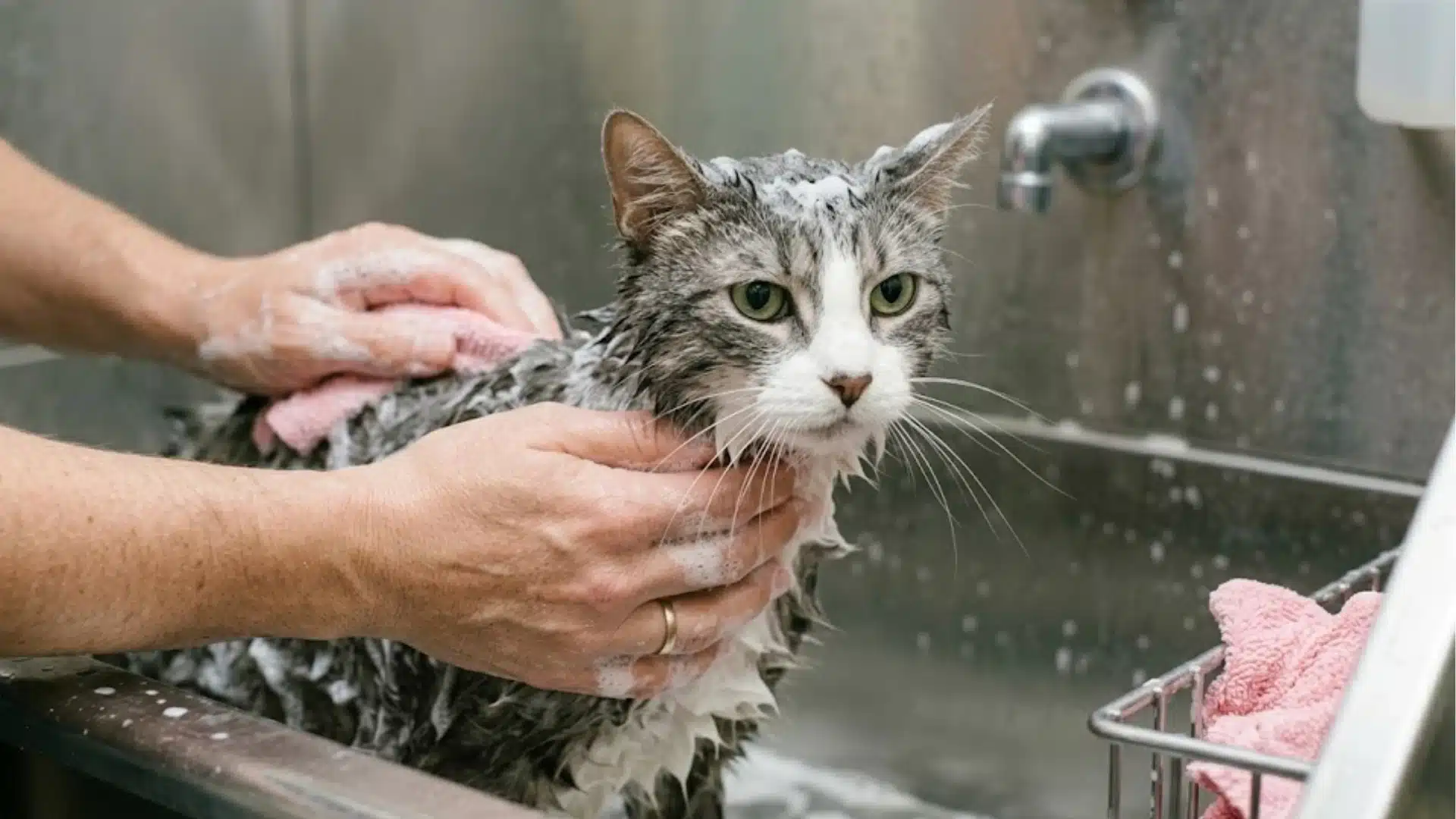 A soapy tabby cat being washed by a person in a stainless steel sink, looking slightly annoyed