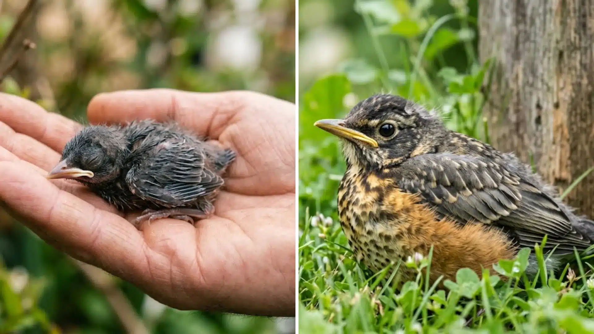 A split image comparing a tiny, mostly featherless nestling in a hand with a fully feathered fledgling in the grass
