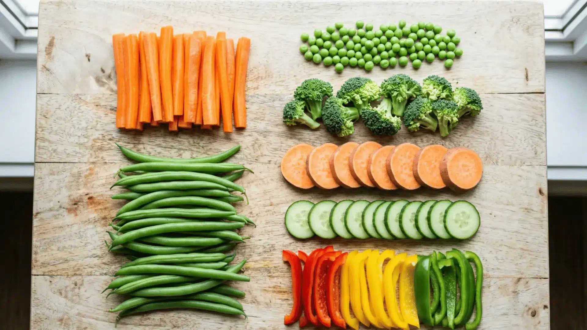 Assortment of best vegetables for dogs including carrots, green beans, peas and broccoli