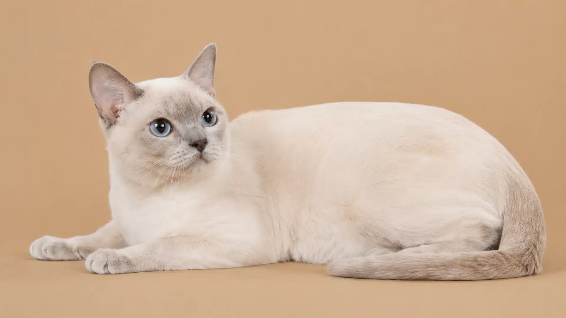 A Tonkinese cat with blue eyes lying down against a beige background in
