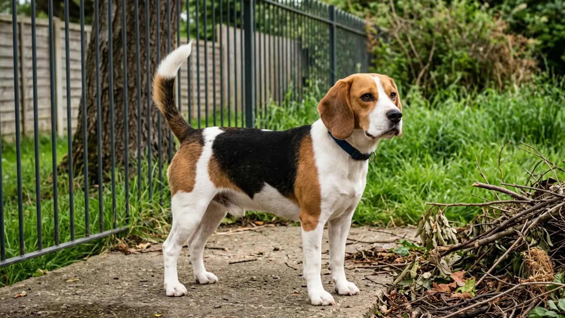 A tricolor Beagle wearing a blue collar stands alert on a concrete path outdoors near a metal fence