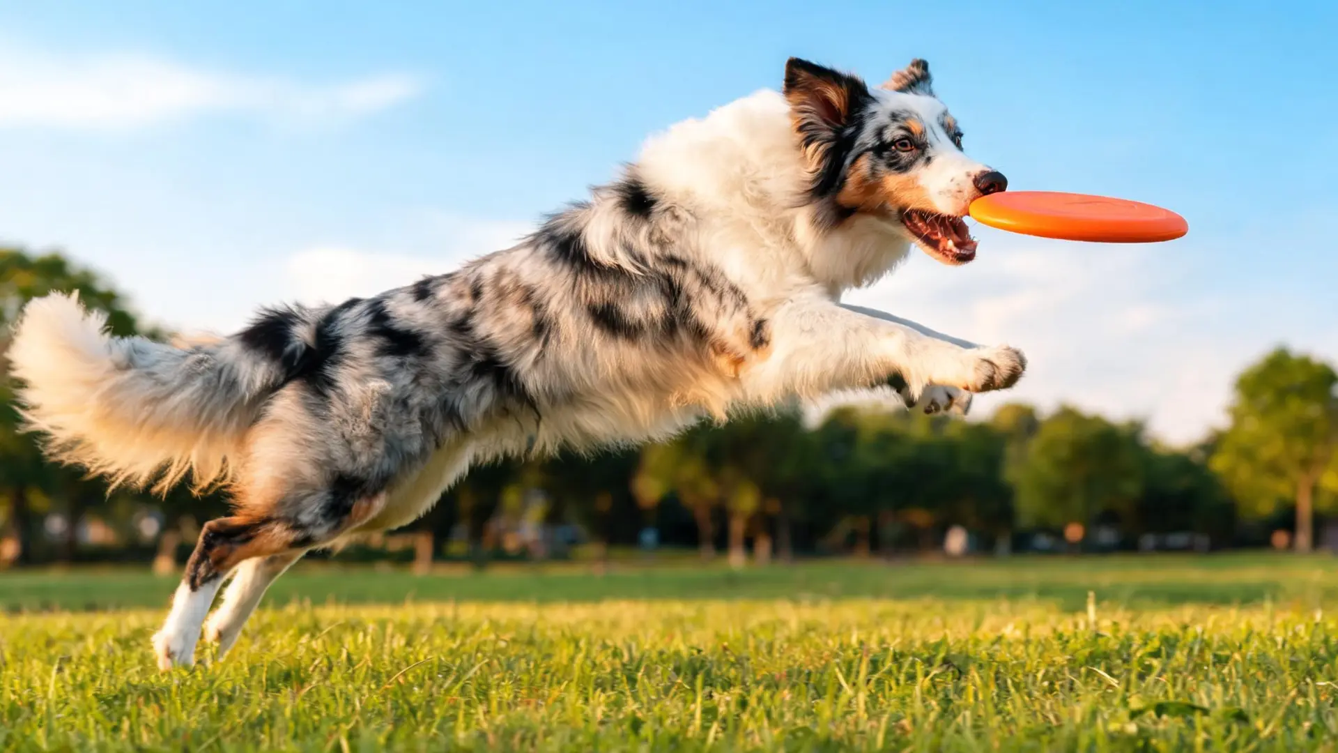 Australian Shepherd leaping through grass to catch a frisbee in a park.