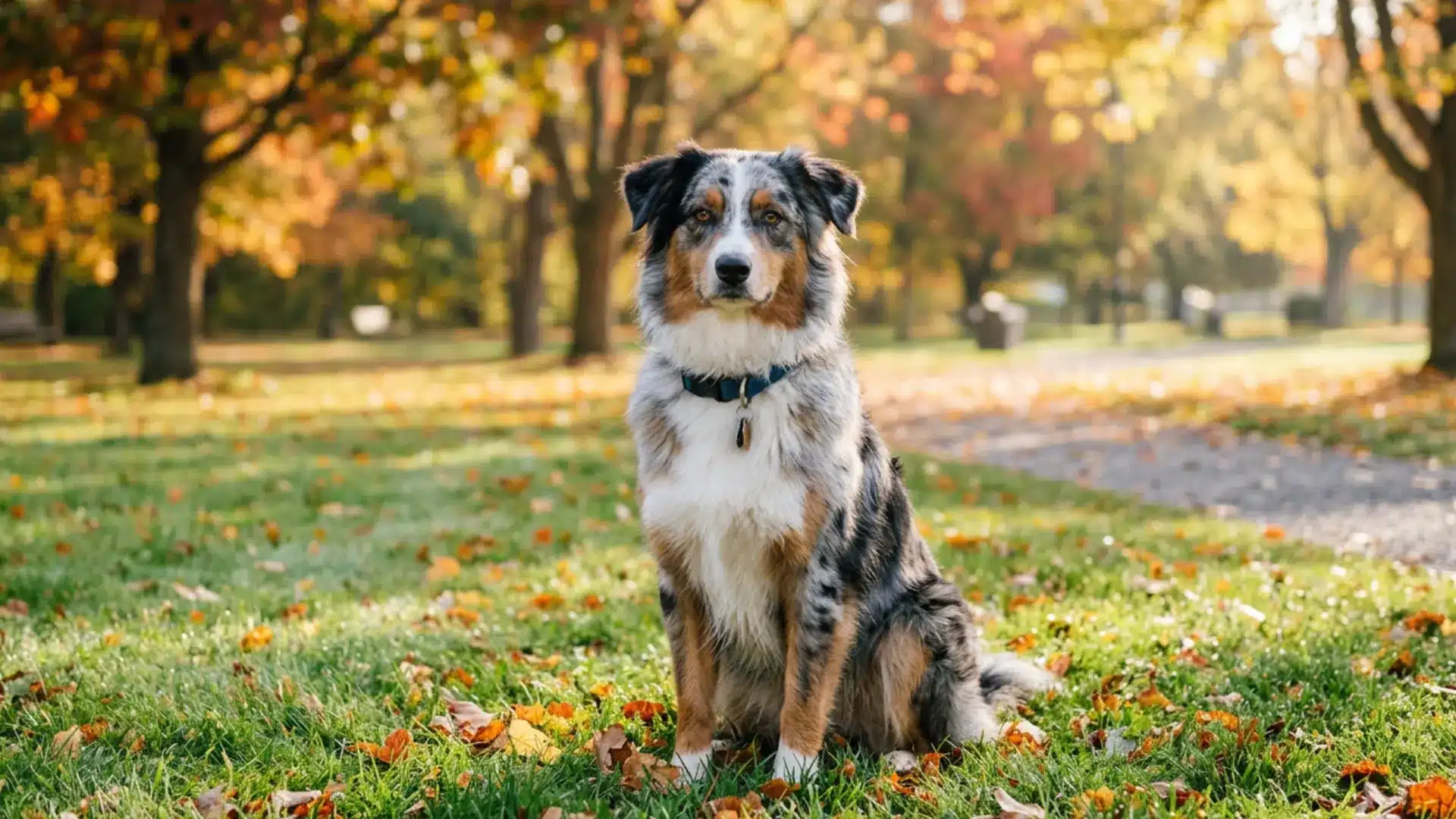 Australian Shepherd sitting in a park surrounded by autumn leaves