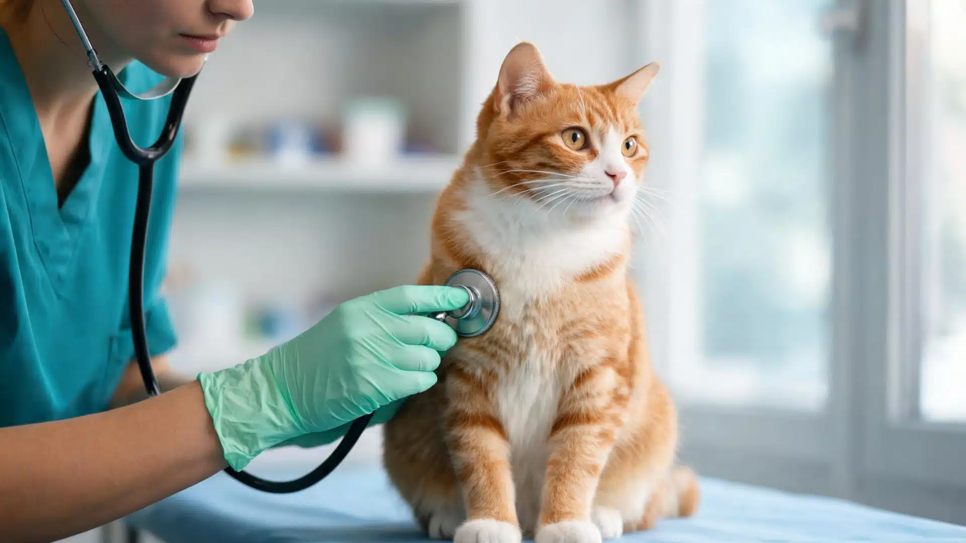 A vet uses a stethoscope to examine an orange and white tabby cat on an exam table