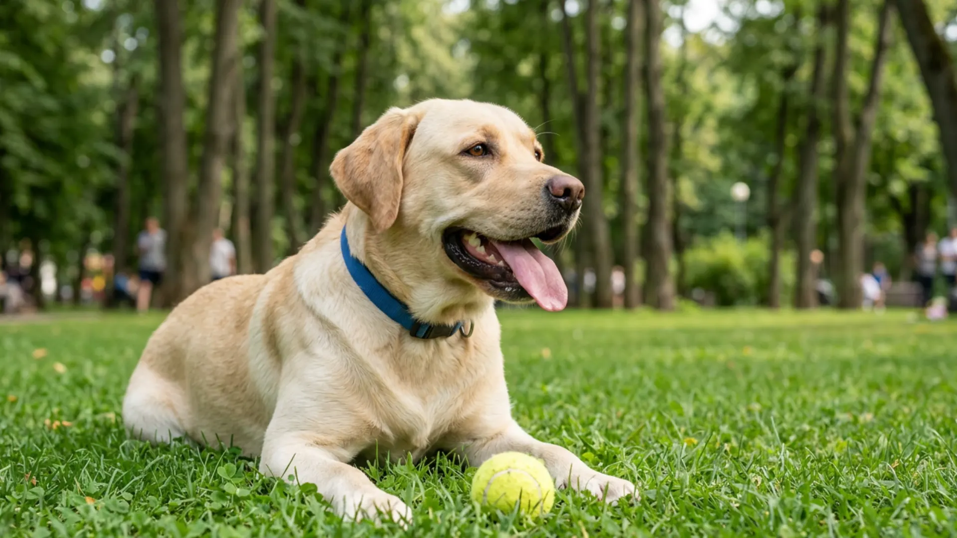 A yellow Labrador Retriever wearing a blue collar lies on green grass in a park next to a tennis ball