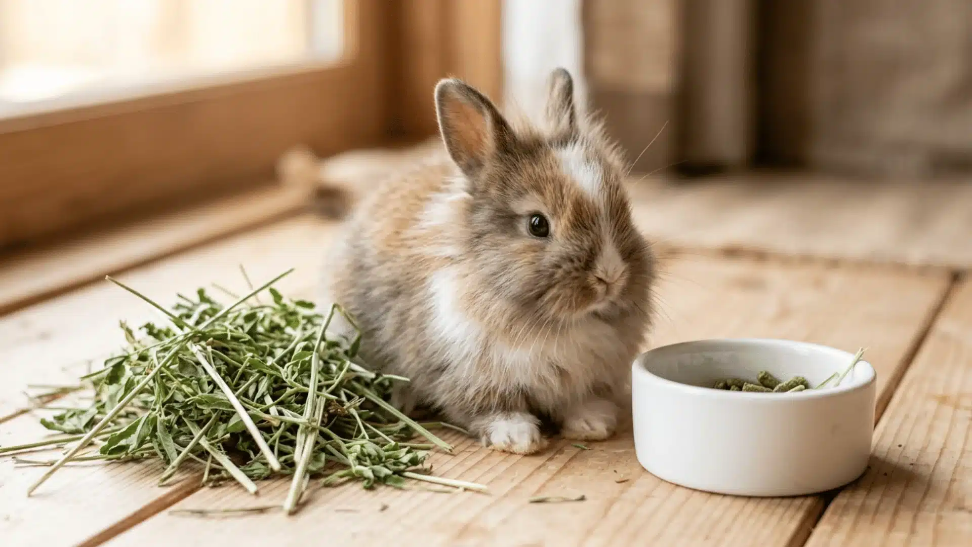 Baby rabbit next to alfalfa hay and pellets, showing what baby rabbits eat at weaning stage