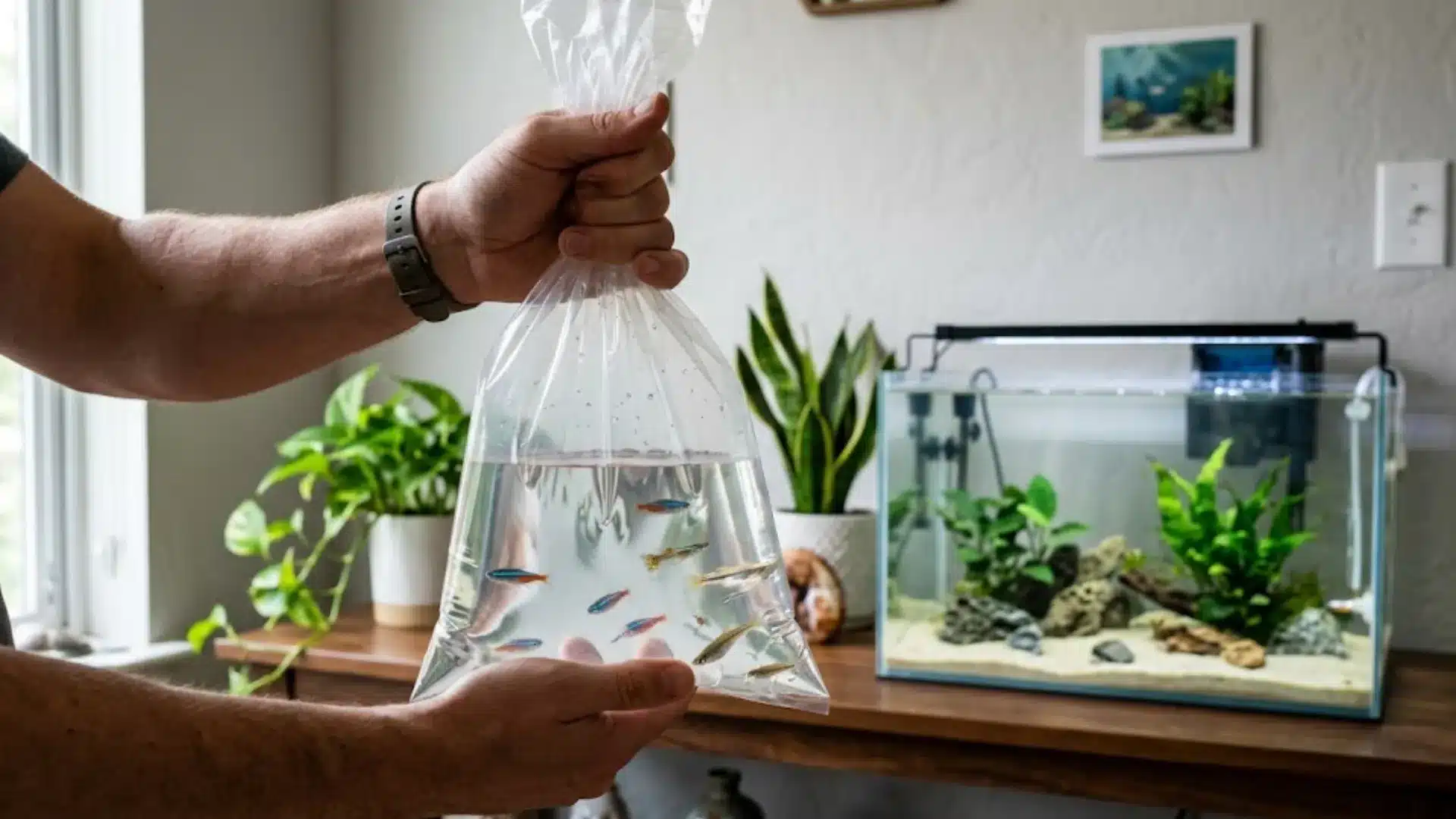 Bag of small fish held near a planted home aquarium before acclimation and release