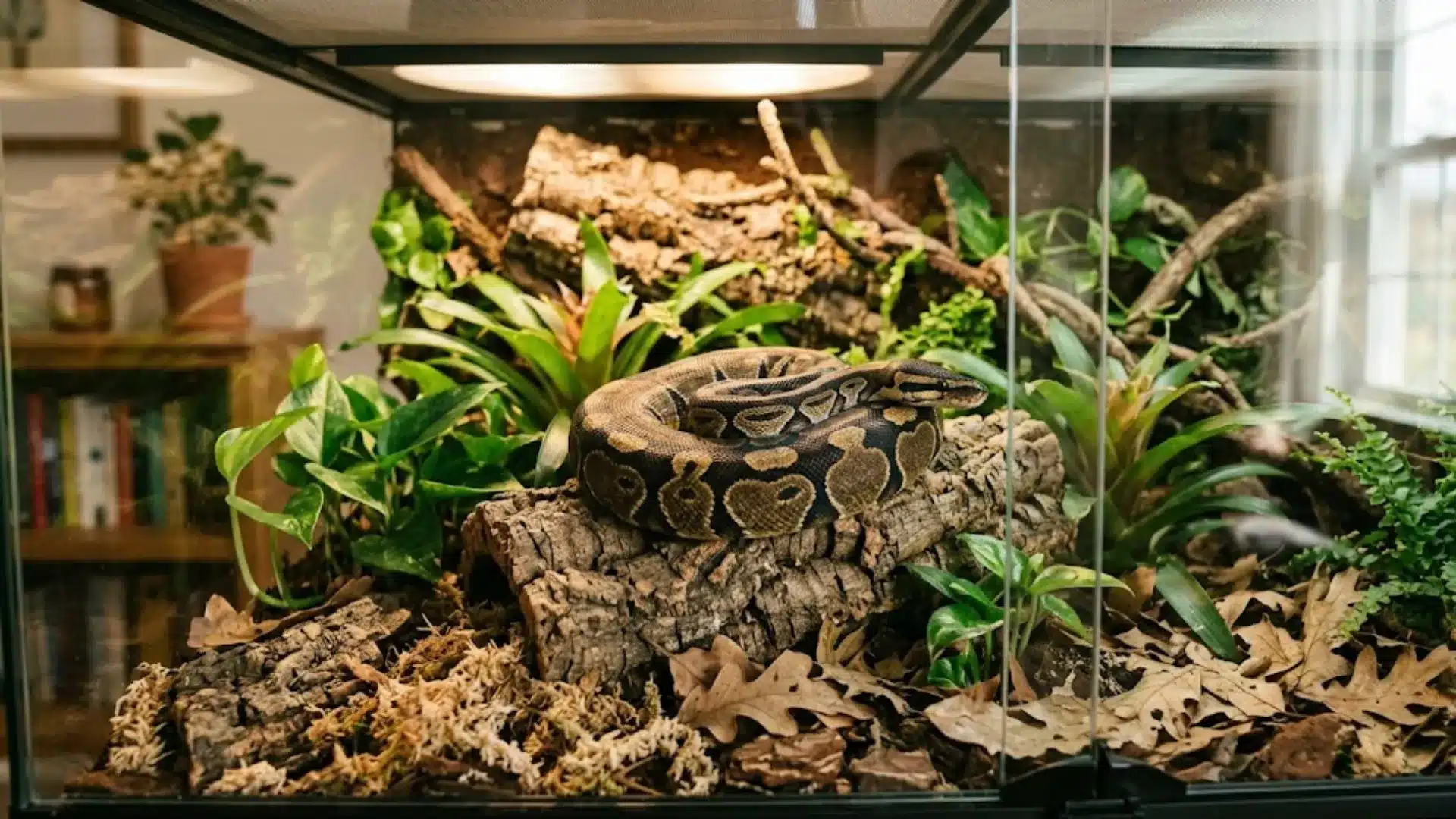 Ball python resting on bark inside a natural planted terrarium with branches and green foliage.