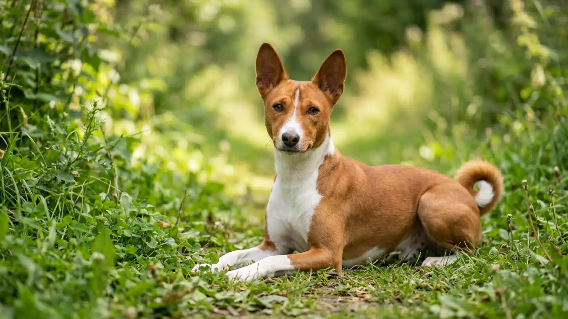 Basenji dog lying on the ground with tan and white coat, upright ears, and green outdoor background