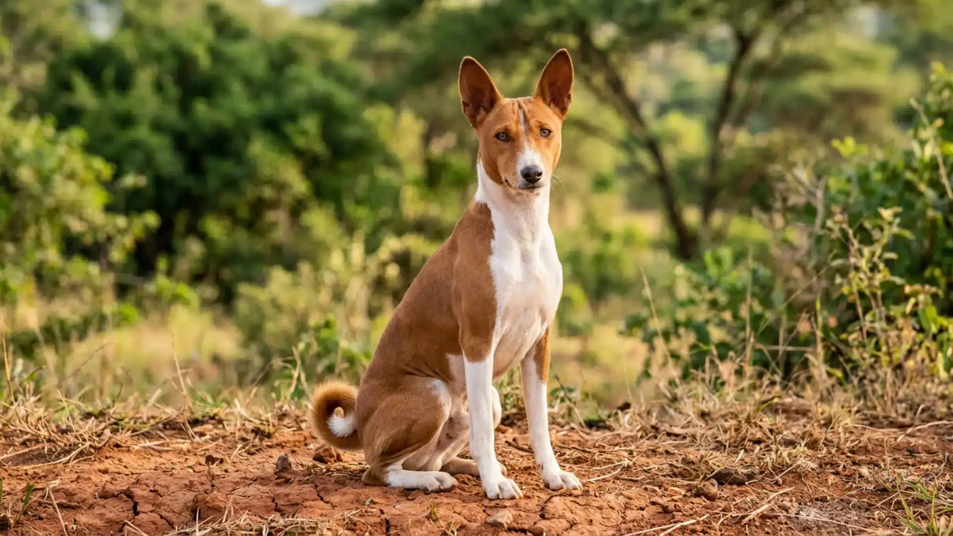 Basenji dog with curled tail and upright ears sitting alert on red clay earth