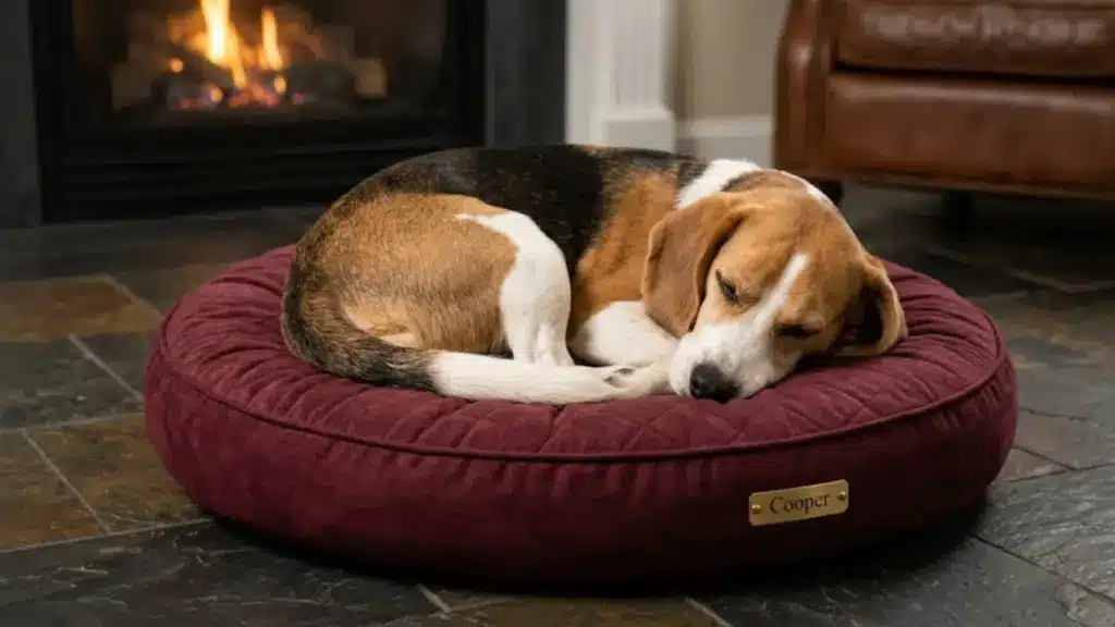 Beagle curled up on a burgundy dog bed near a warm fireplace in a cozy living room