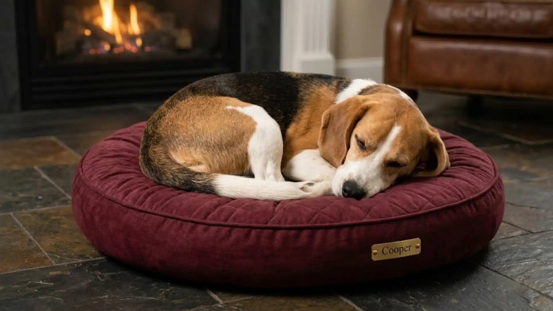 Beagle curled up on a burgundy dog bed near a warm fireplace in a cozy living room