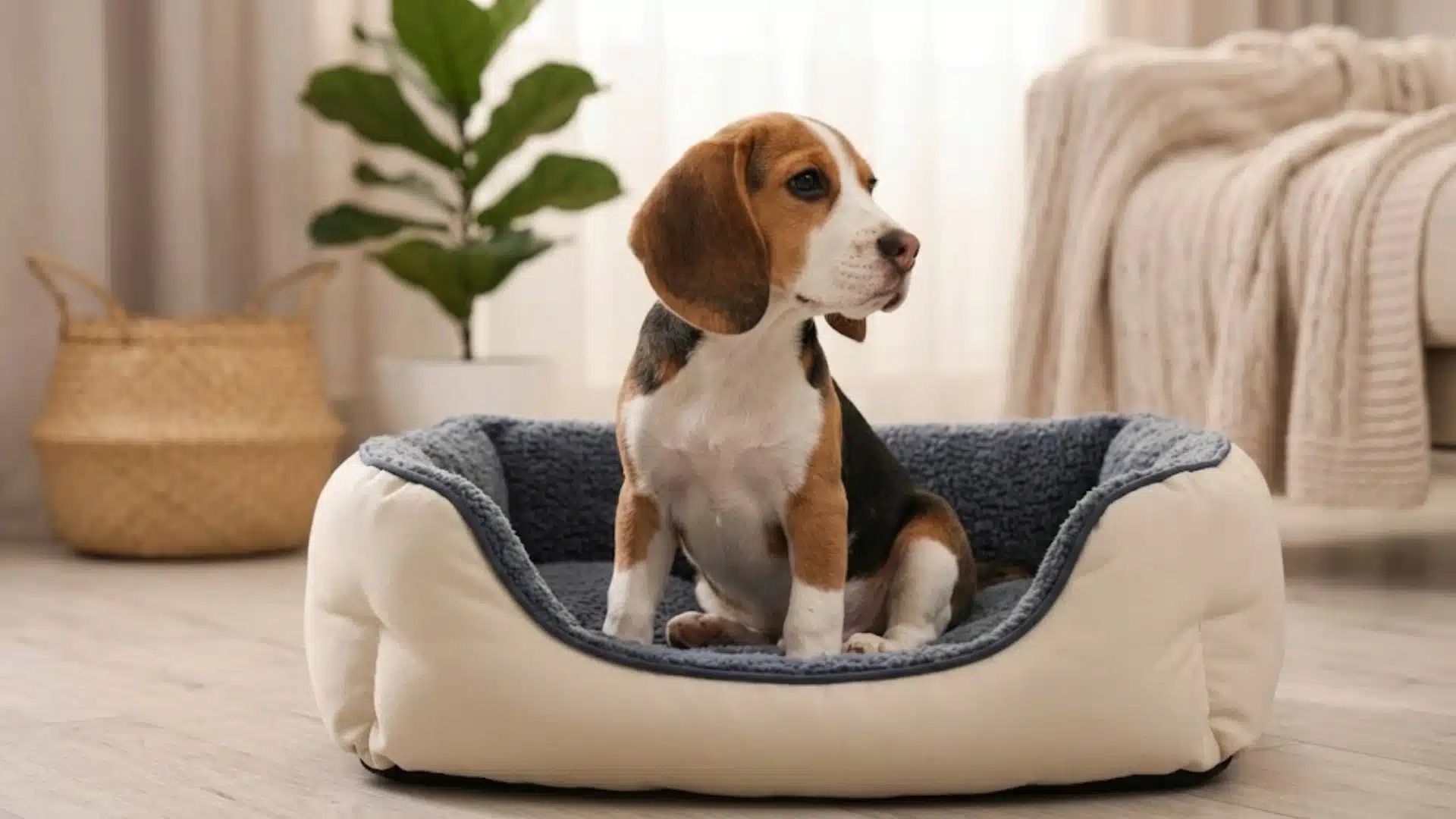 Beagle puppy sitting in a cream dog bed in a softly lit living room with cozy home decor