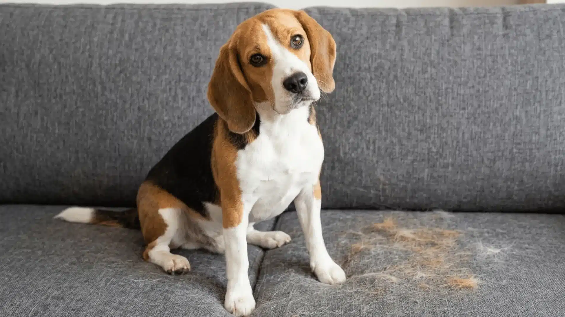 Beagle sitting on gray couch beside loose dog hair during seasonal shedding