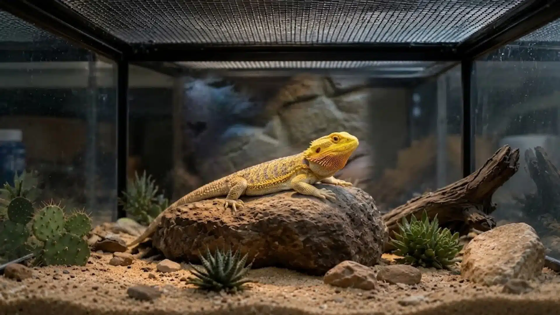 Bearded dragon resting on a rock inside a desert-style terrarium with sand and plants