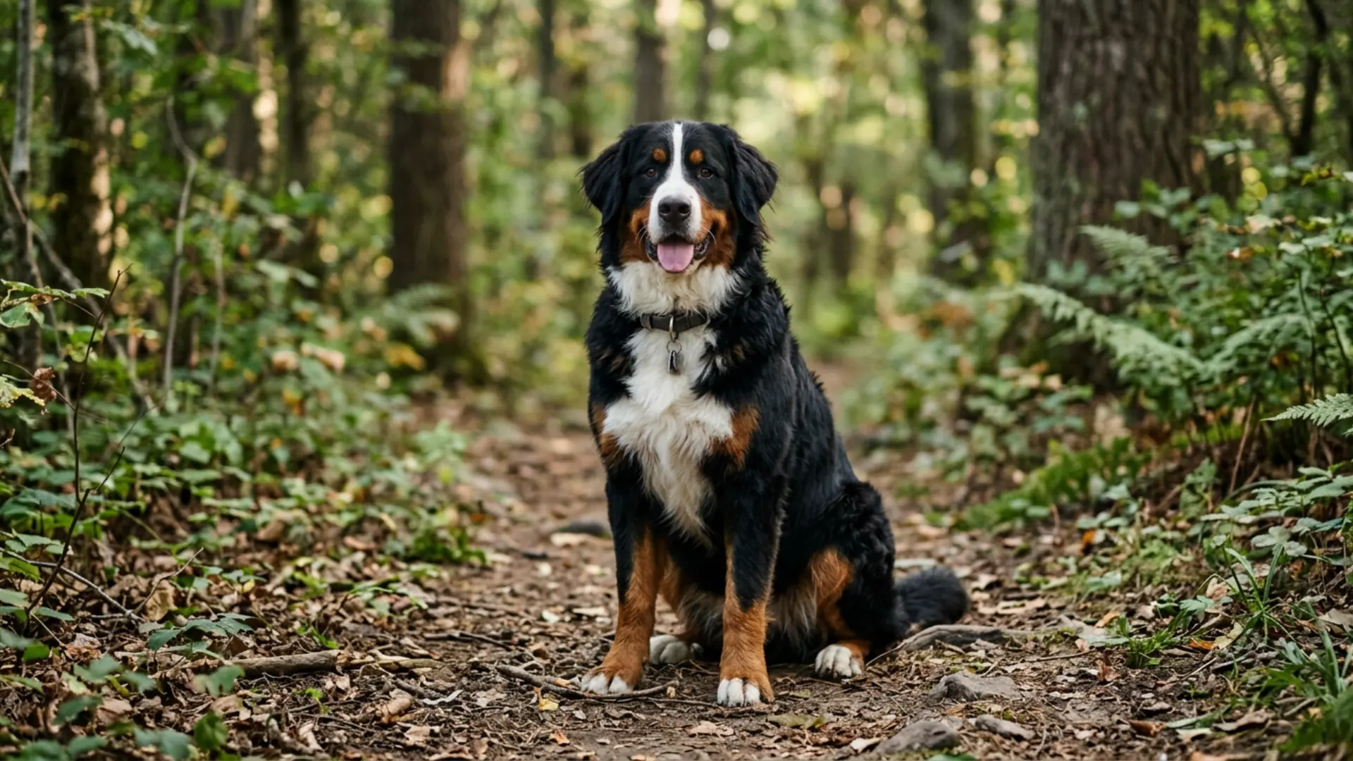 Bernese Mountain Dog sitting on a quiet forest trail with autumn leaves
