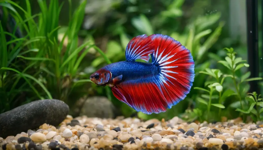 Betta fish swimming in a properly sized planted aquarium with green plants and smooth substrate