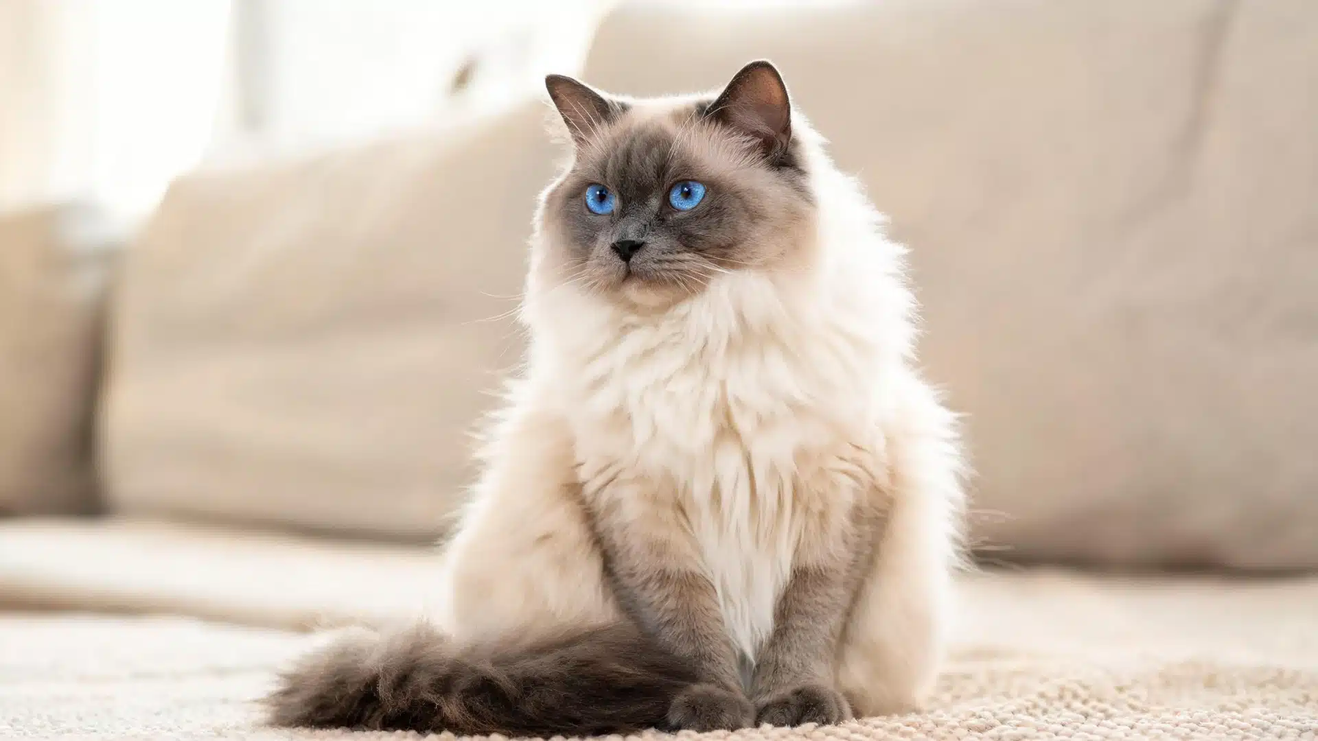 Birman cat with blue eyes sitting on a soft cream rug in a bright room