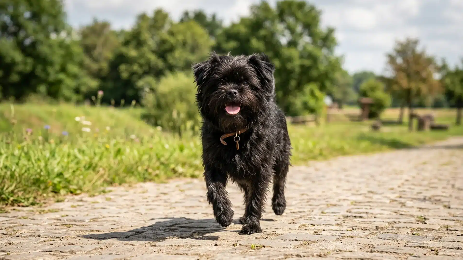 Black Affenpinscher walking on a cobblestone path with tongue out and green park background