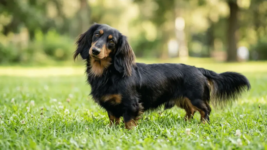 Black and tan long-haired dachshund standing on green grass in a sunny park with silky feathered ears and tail