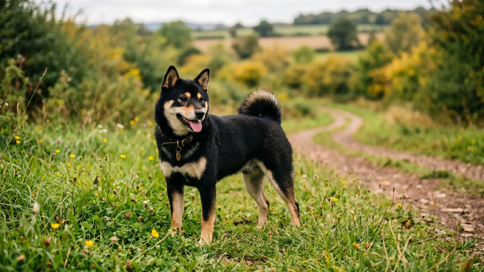 Black and tan Shiba Inu standing on a grassy countryside path.