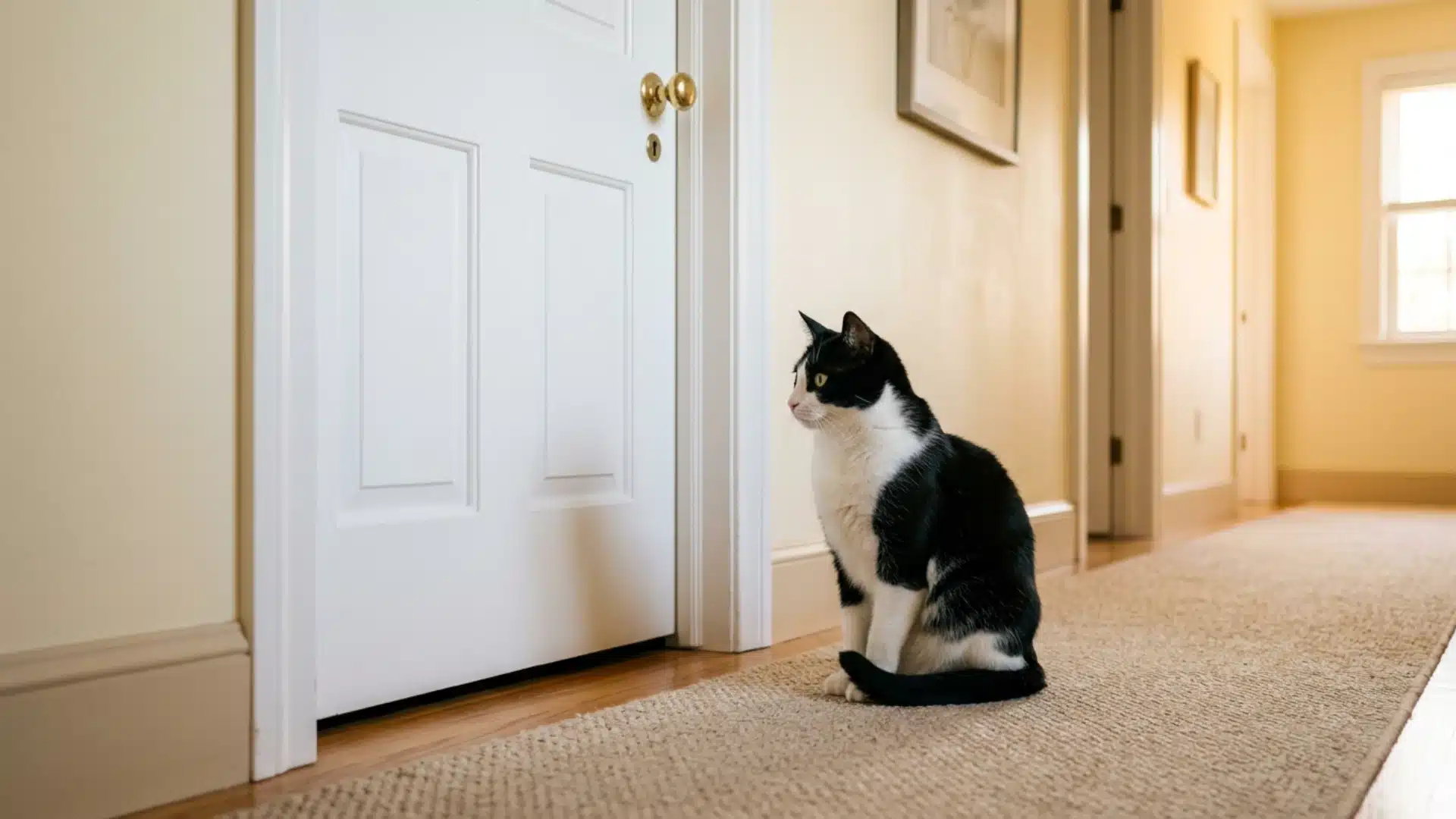 Black and white cat sitting outside closed bathroom door waiting patiently for owner