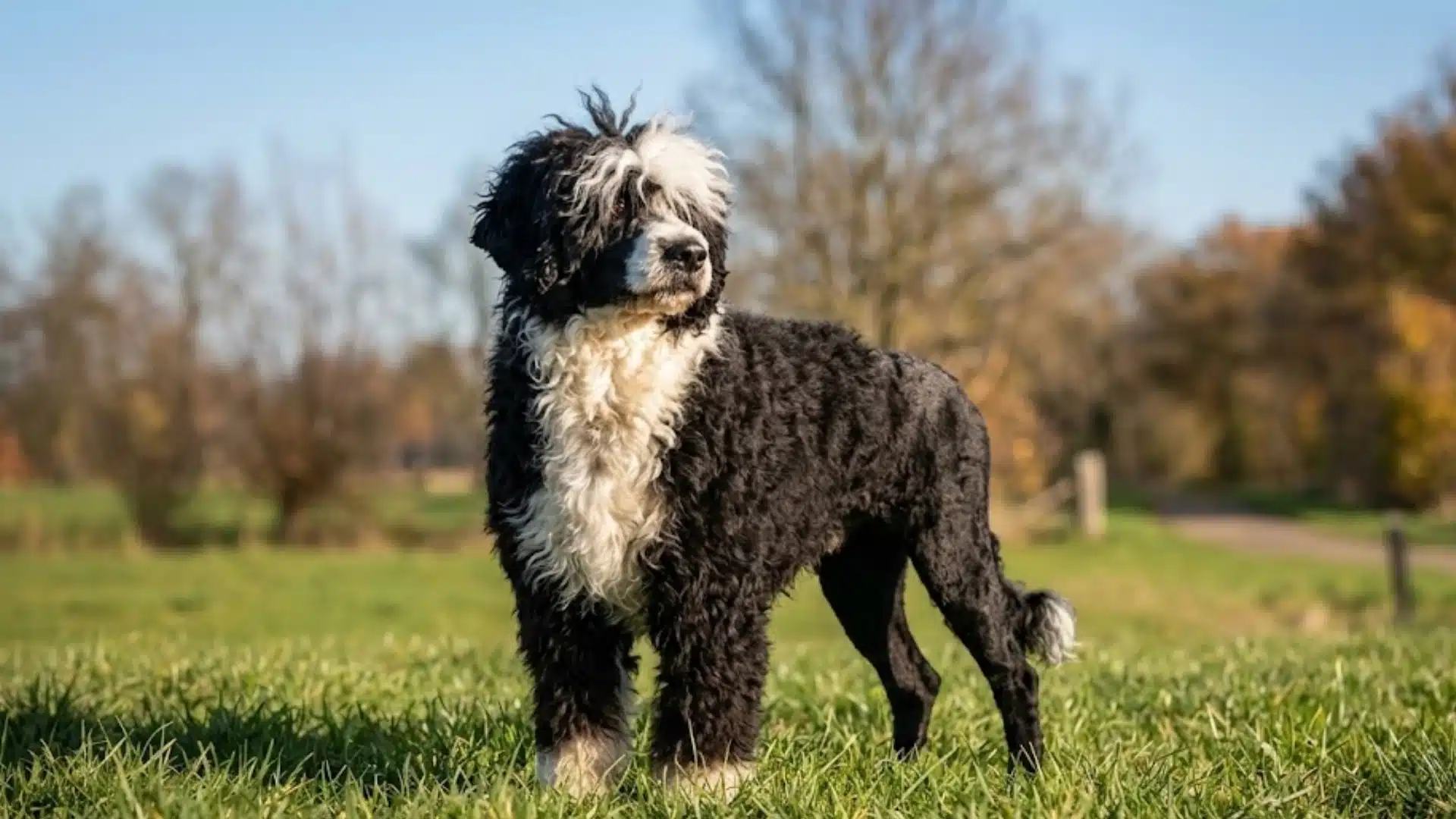 Black and white curly dog standing in grass on a sunny field with autumn trees in the background