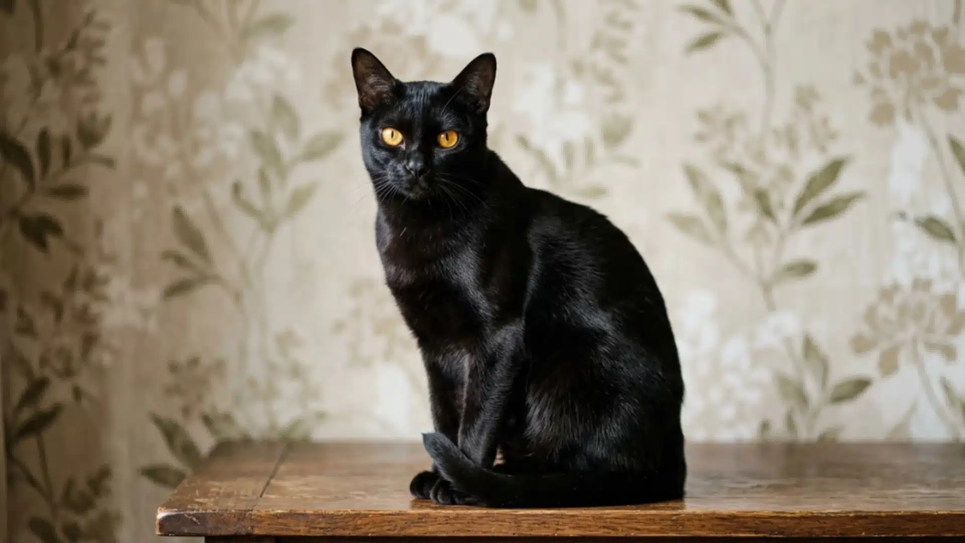 Black Bombay cat on table