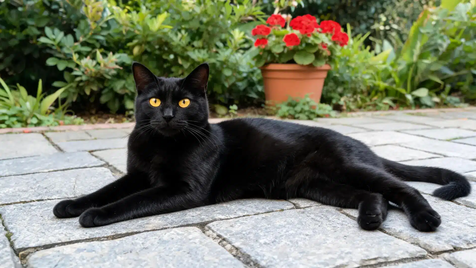 Black Bombay cat with golden eyes resting on a stone patio in a garden