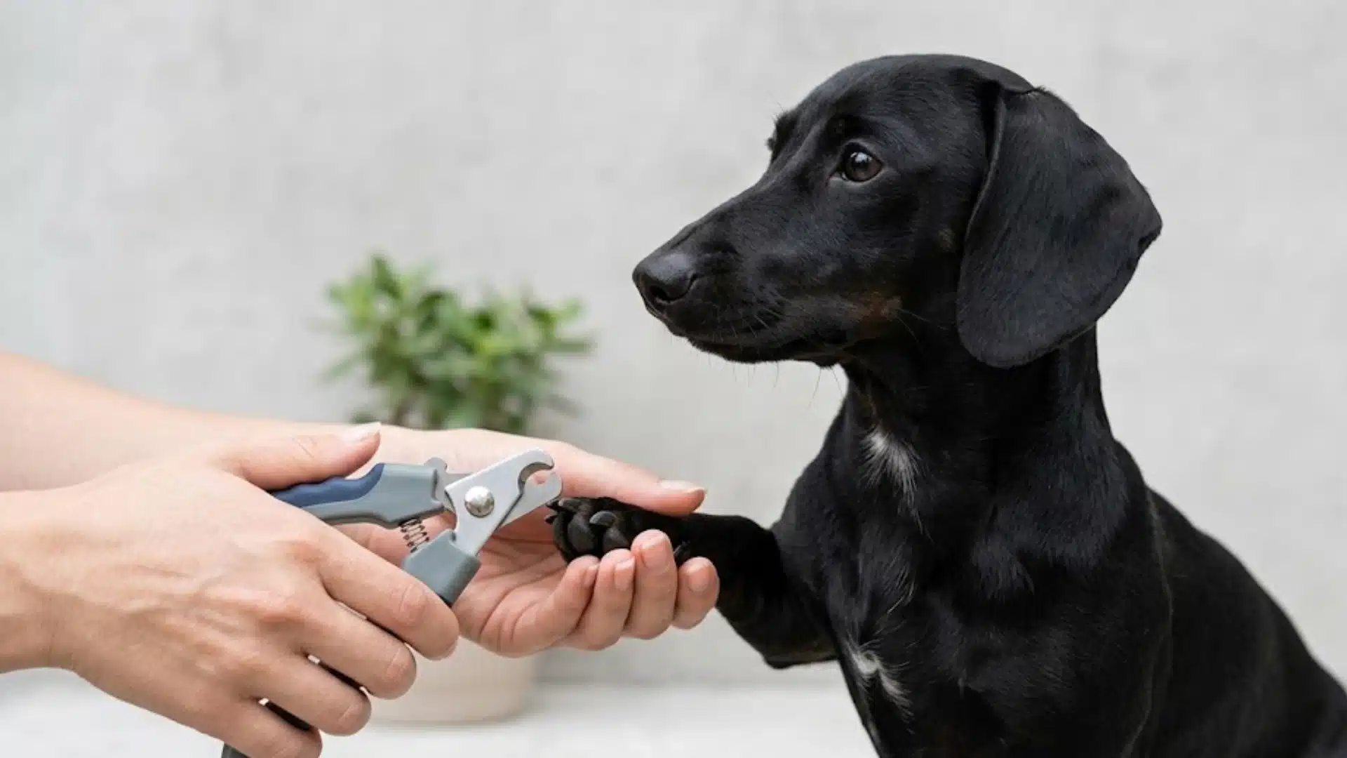 Black dog sits calmly while a person trims its front paw nails with clippers during a home grooming session