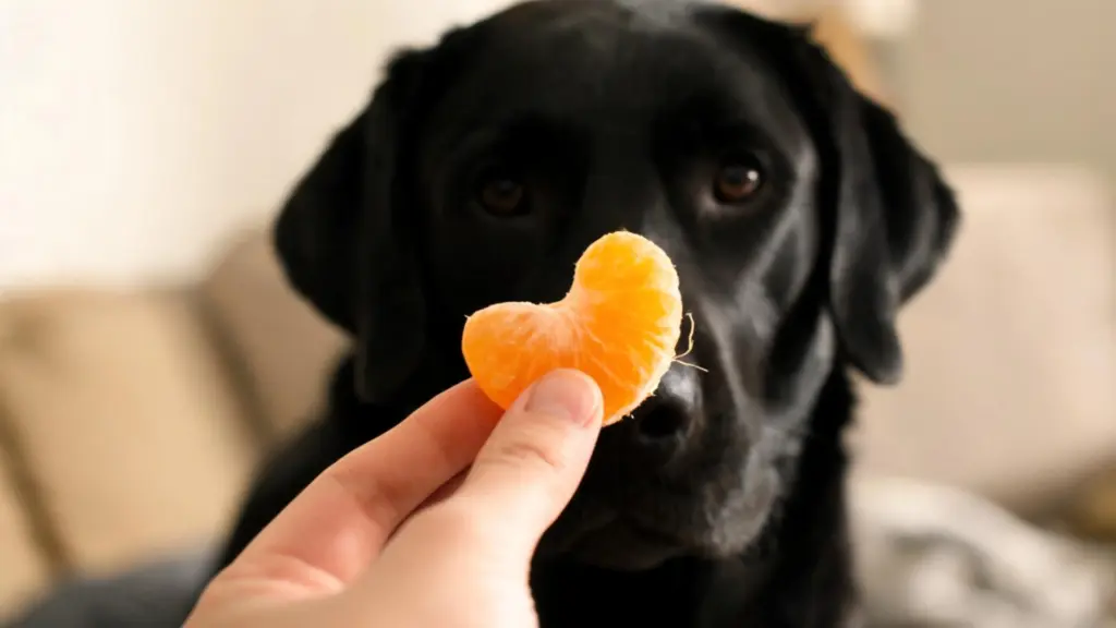 Black dog sniffing an orange slice held near its nose