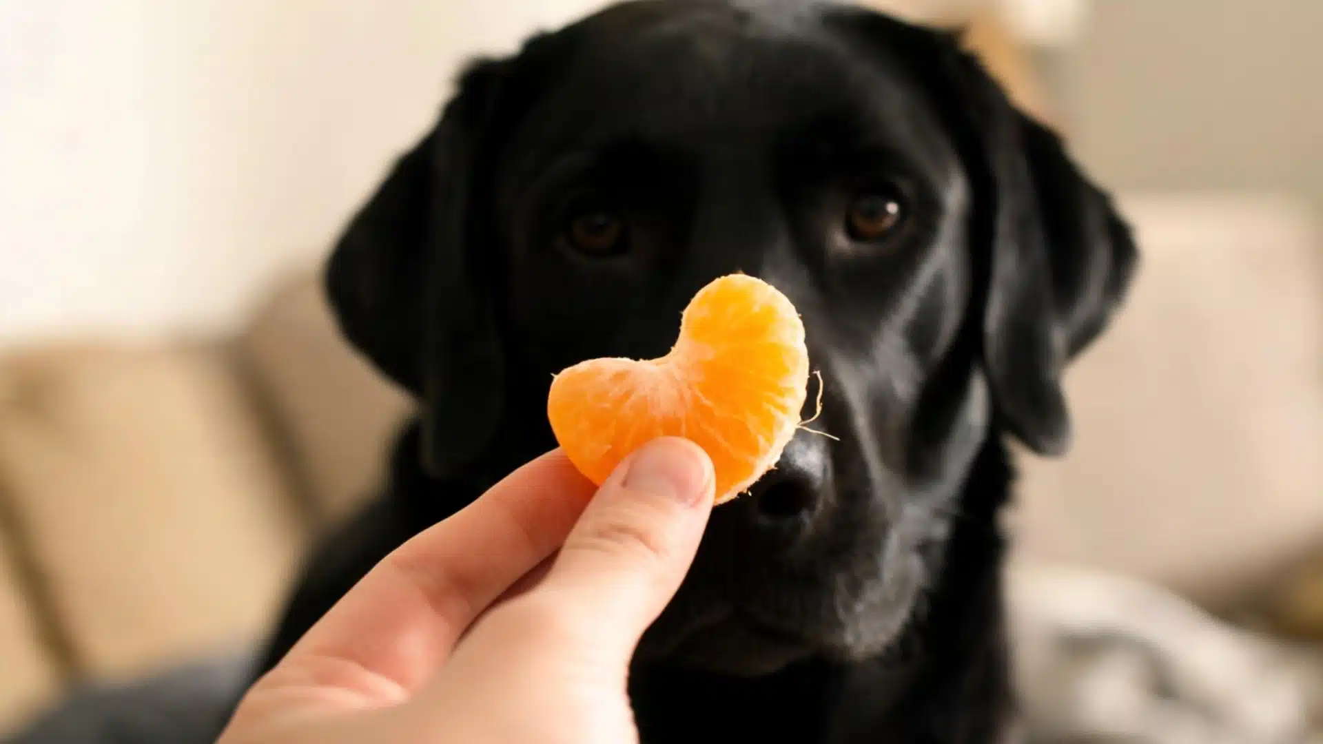 Black dog sniffing an orange slice held near its nose