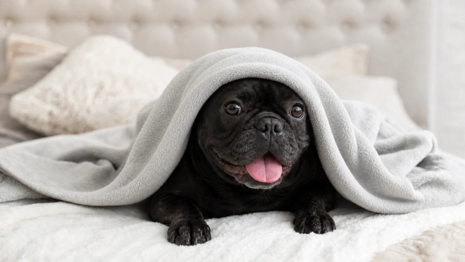 Black French Bulldog resting under a light gray blanket on a cozy bed