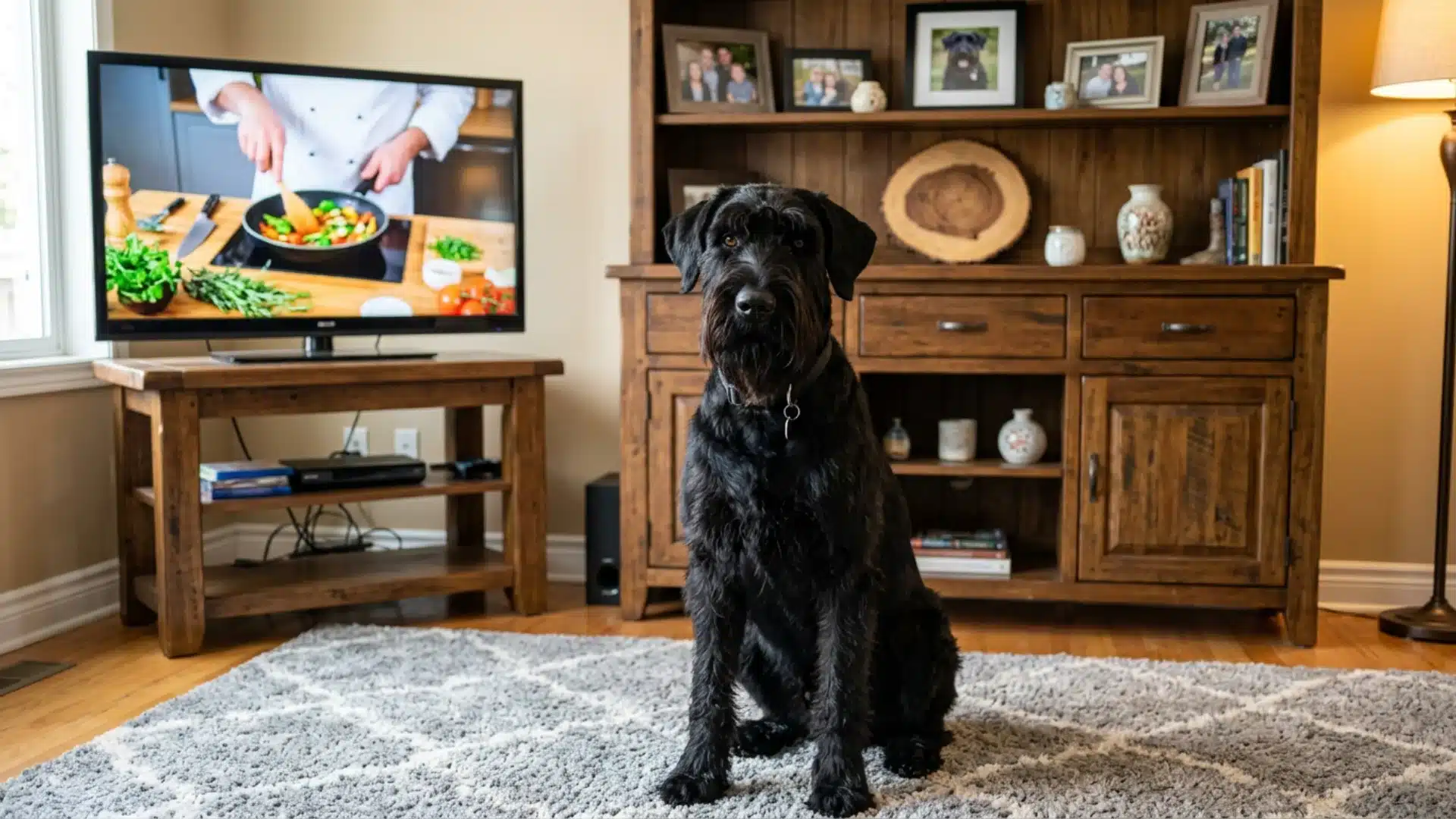 Black Giant Schnauzer sitting on a gray rug in a living room with a TV and wooden cabinet behind
