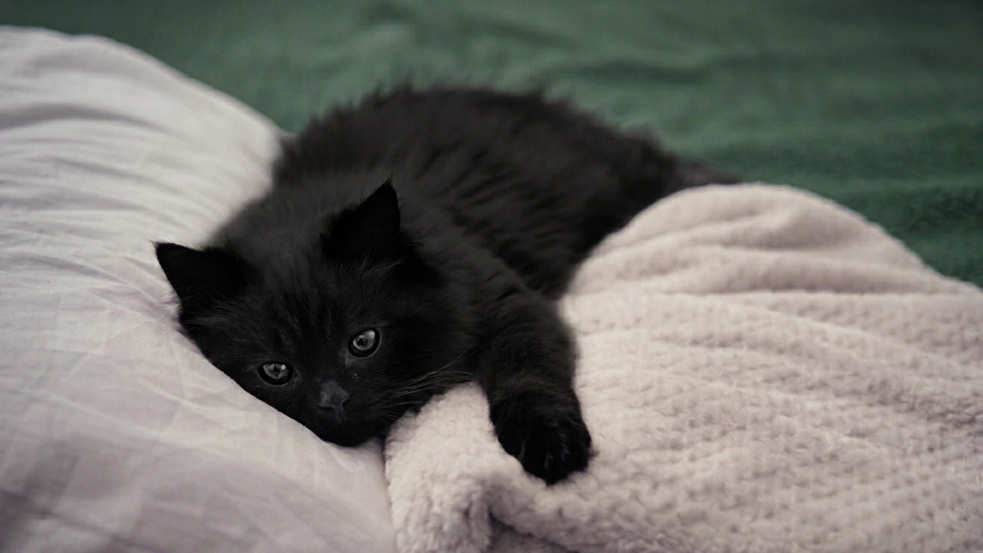 Black kitten lying on a soft blanket with wide eyes
