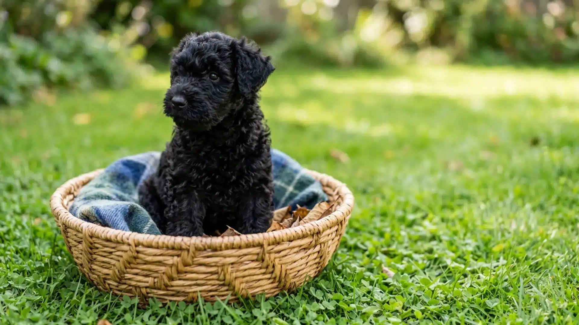 Black poodle puppy sitting in a wicker basket on green grass with a plaid blanket inside