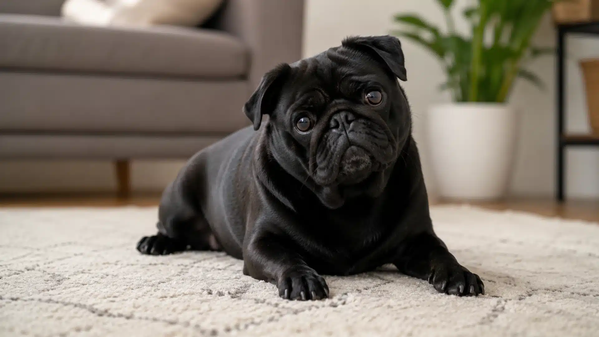 Black pug lying on a soft rug in a cozy living room with a sofa and houseplant in the background