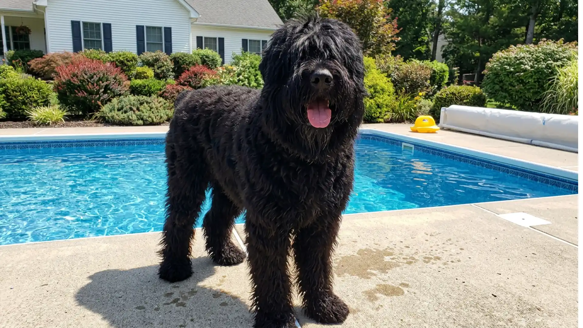 Black Russian Terrier standing beside a backyard swimming pool with wet paws, shaggy coat, and garden behind