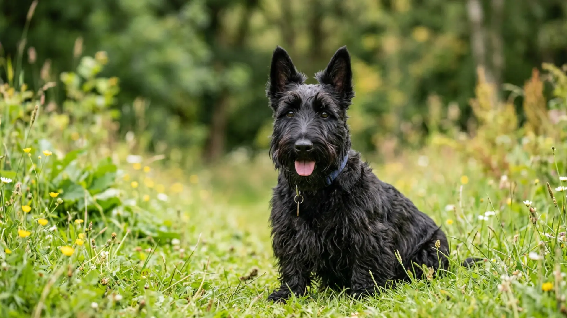 Black Scottish terrier sitting in wildflower grass