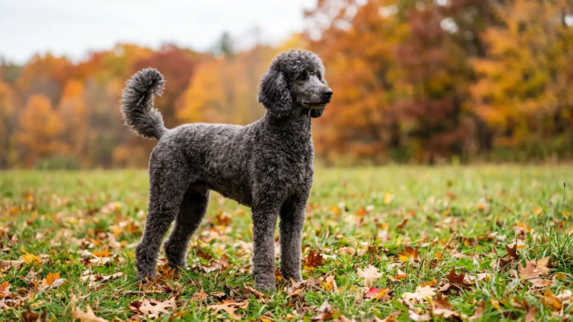 Black Standard Poodle standing in autumn grass with curly coat, raised tail, and blurred trees behind