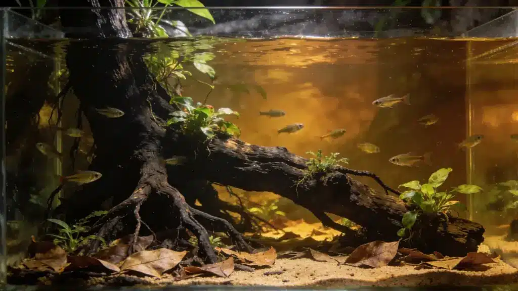Blackwater aquarium with driftwood, leaf litter, sandy substrate, tropical fish, and amber-tinted water
