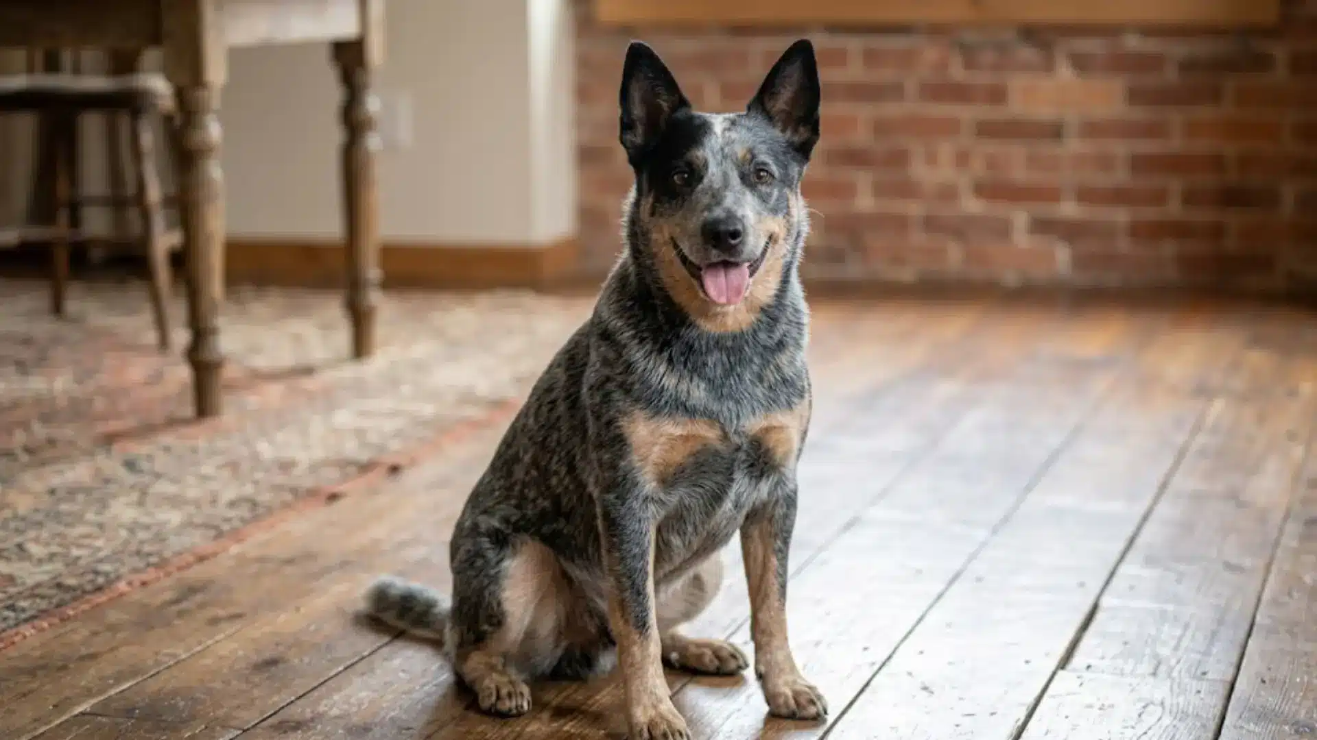 Blue heeler sitting on a wooden floor in a cozy home