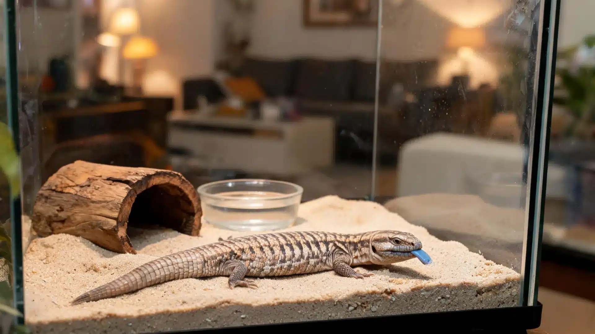 Blue tongued skink inside a home terrarium with sand, wooden hide, and warm lighting