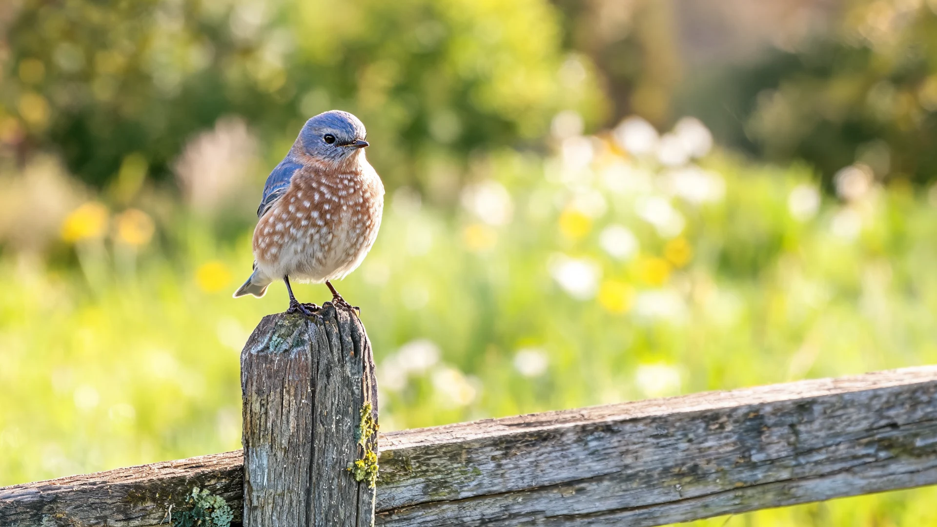 Bluebird perched on a rustic fence post