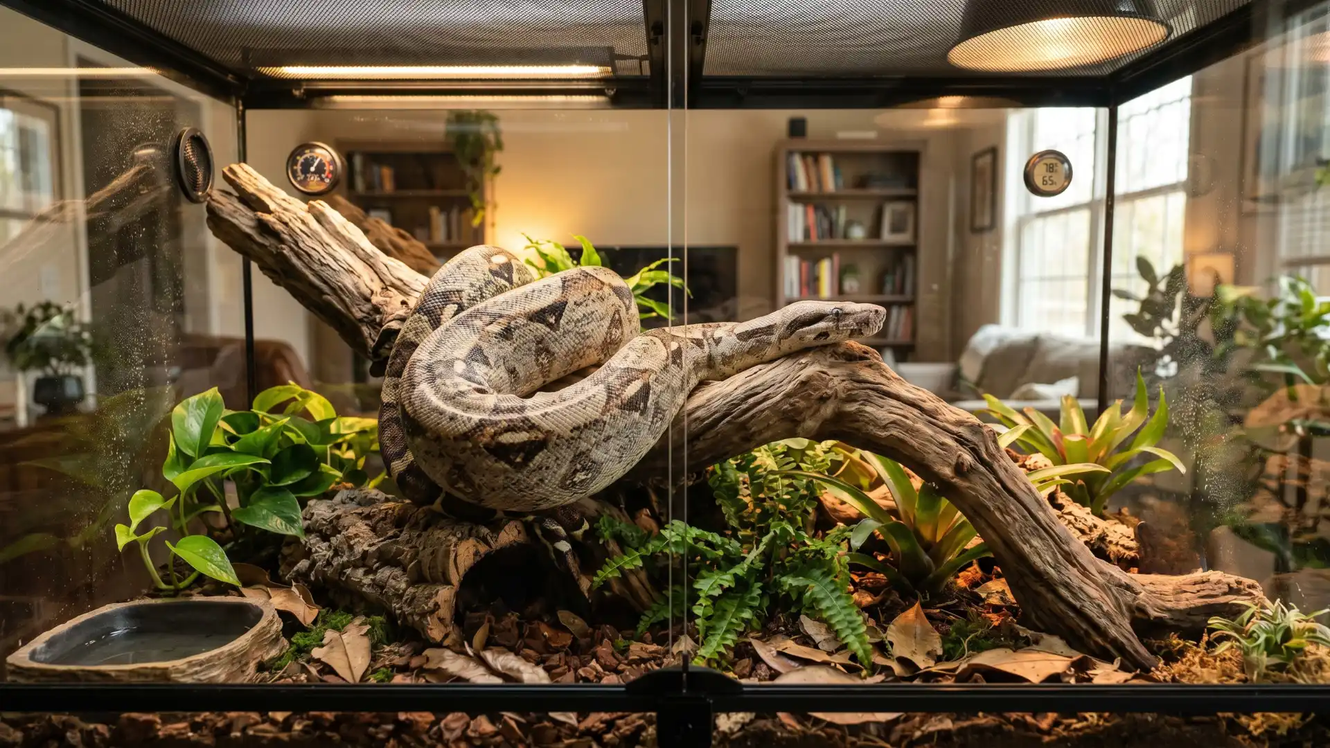 Boa constrictor resting on driftwood inside a lush bioactive terrarium in a cozy home setting