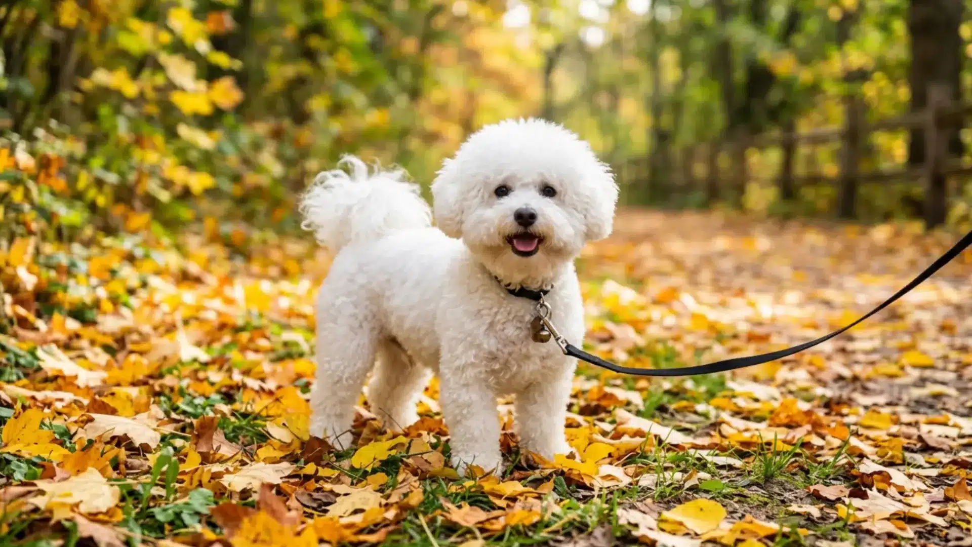 Bolognese standing on a leash in grass covered with yellow autumn leaves