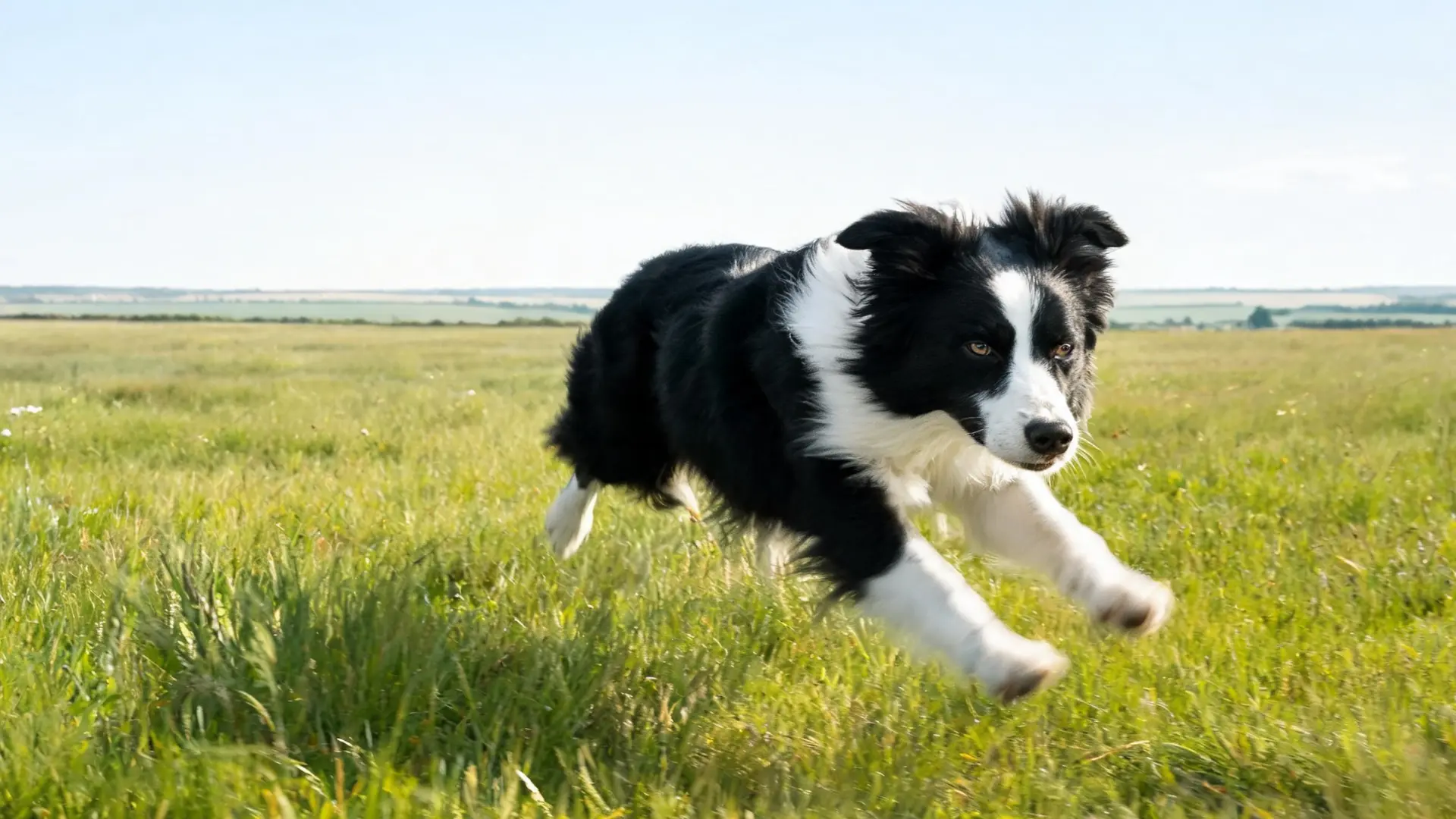 Border Collie running through a grassy field, showing speed, focus, and high energy.