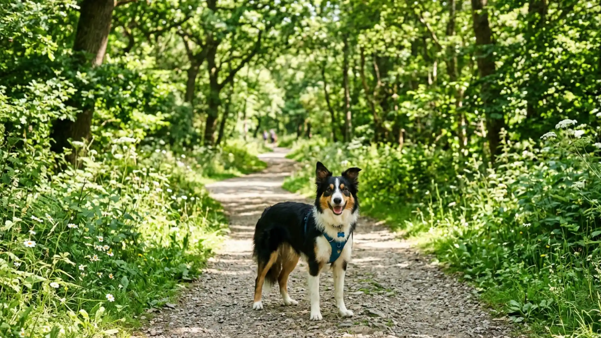 Border Collie standing on a sunlit woodland path